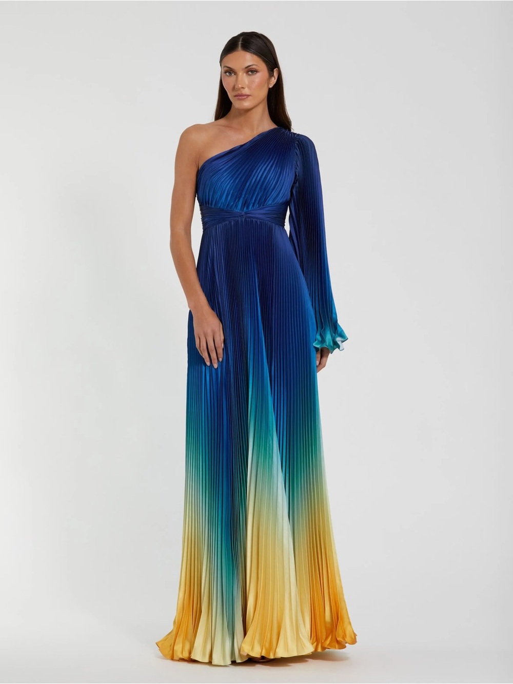 Mac Duggal by Ieena Blue Pleated Charmeuse One Shoulder Ombre Gown 49903 - Picture 16 of 16